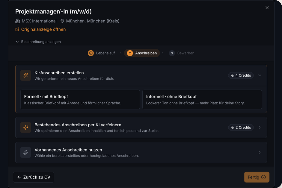 Unveränderte Entern Ansicht mit drei Wegen zum individuellen Anschreiben