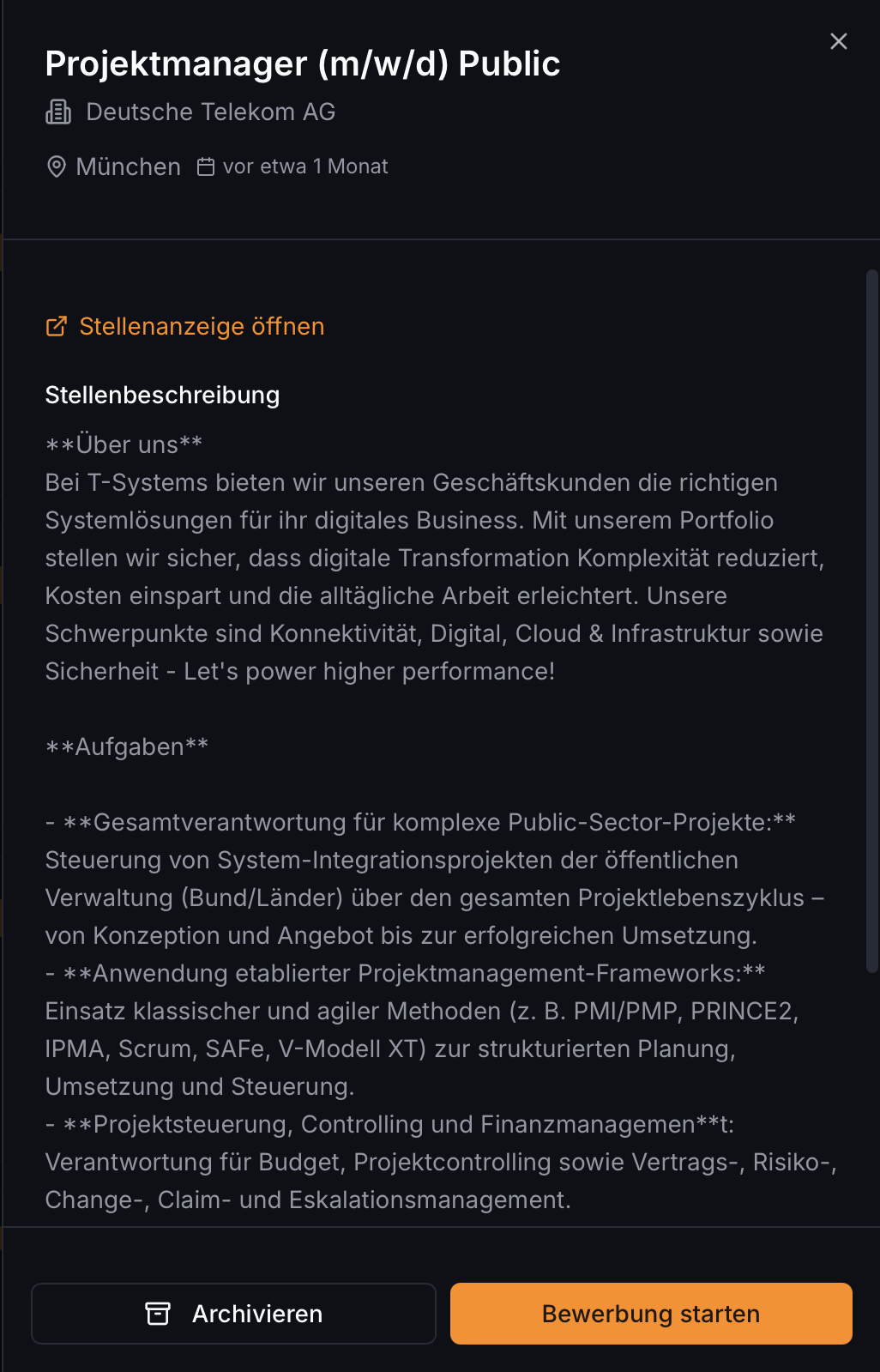 Detailansicht einer Stellenanzeige in Entern mit Stellenbeschreibung, Archivieren und Bewerbung starten