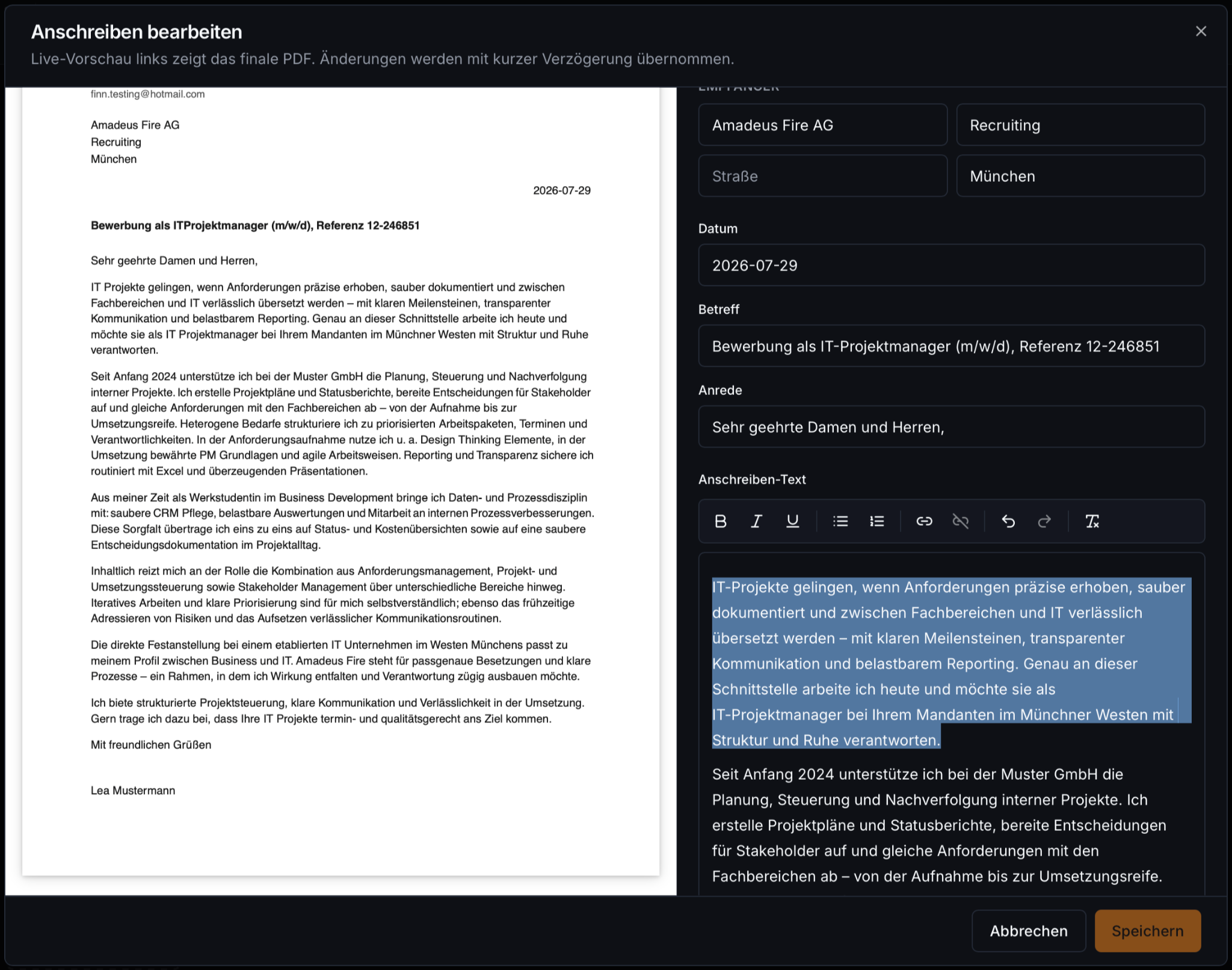 Anschreiben-Editor in Entern mit Eingabefeldern und PDF-Vorschau