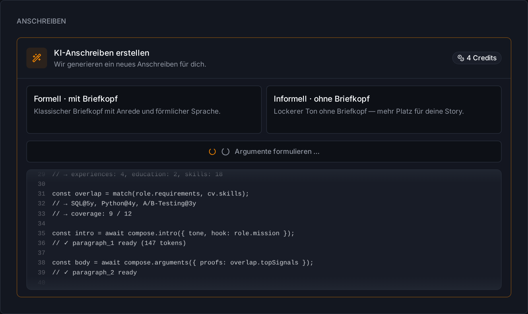 Entern KI-Anschreiben: Auswahl formell oder informell mit Credit-Kosten und Live-Generierung