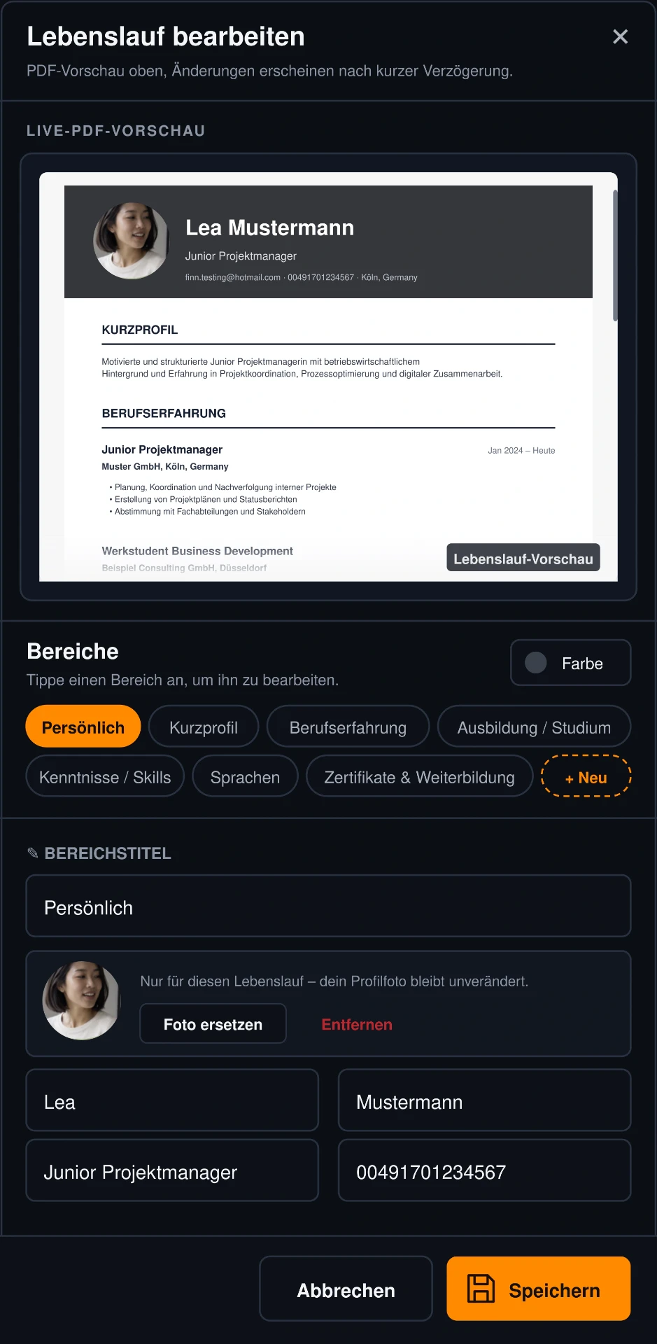 Entern Lebenslauf-Editor auf dem Smartphone mit Live-PDF-Vorschau und Bereichen